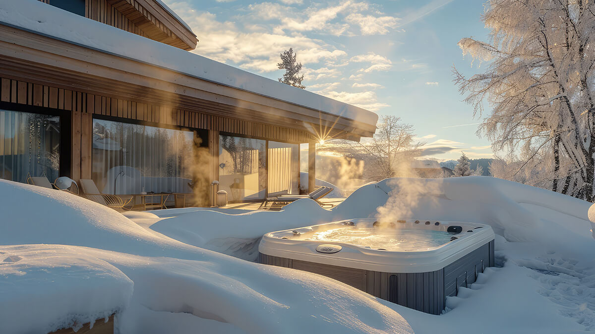 A villa covered in snow, with a large outdoor hot tub