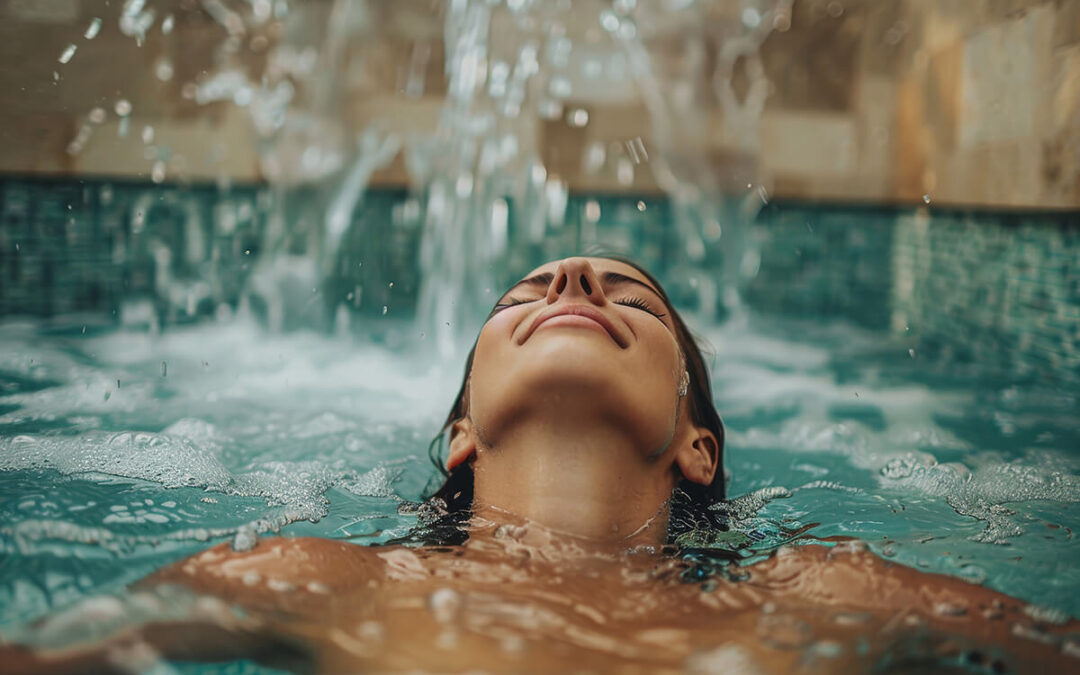 A woman relaxing in a luxurious pool with a waterfall